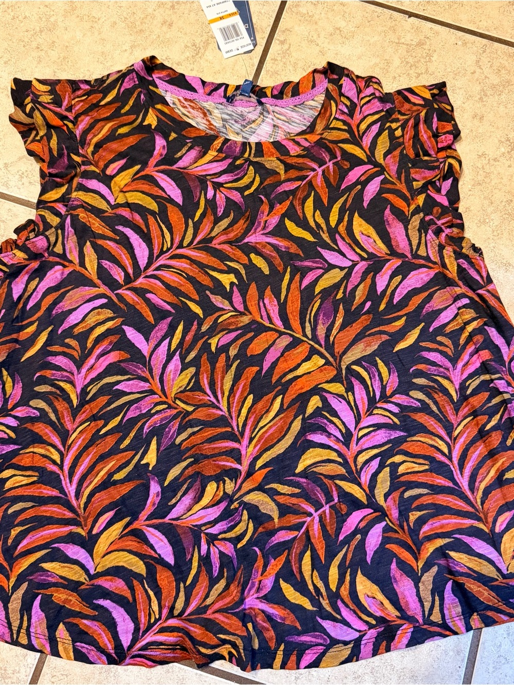 Democracy Black Top with Pink, Orange & Gold Leaf Print